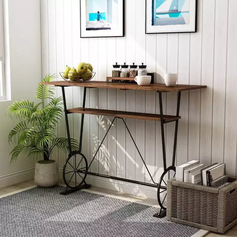 Counter Height Bar Table | 47" Rectangle | Steel Frame | Brown Top | Seats 2