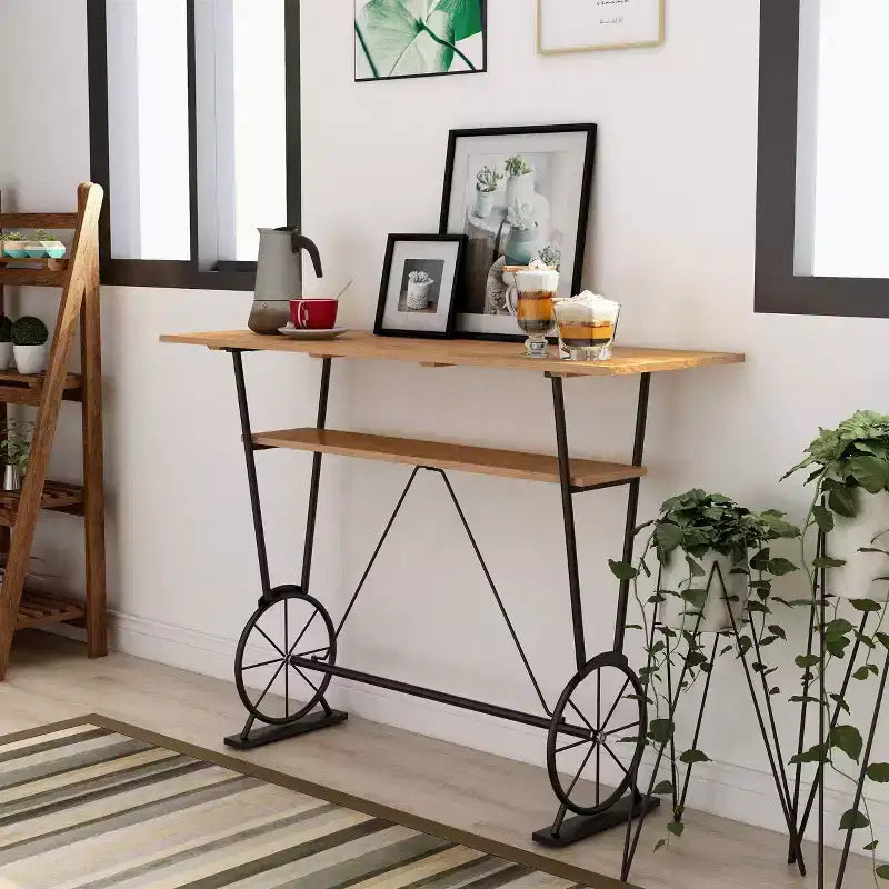 Counter Height Bar Table | 47" Rectangle | Steel Frame | Brown Top | Seats 2