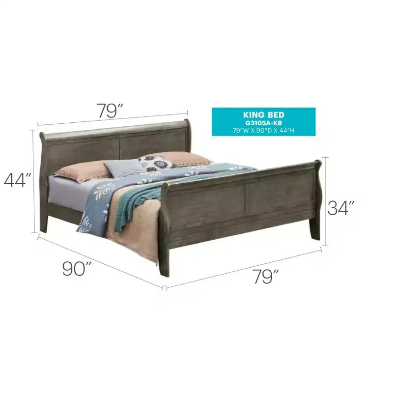 Louis Philippe King Sleigh Wood Bed | High Footboard | 450 lb Capacity