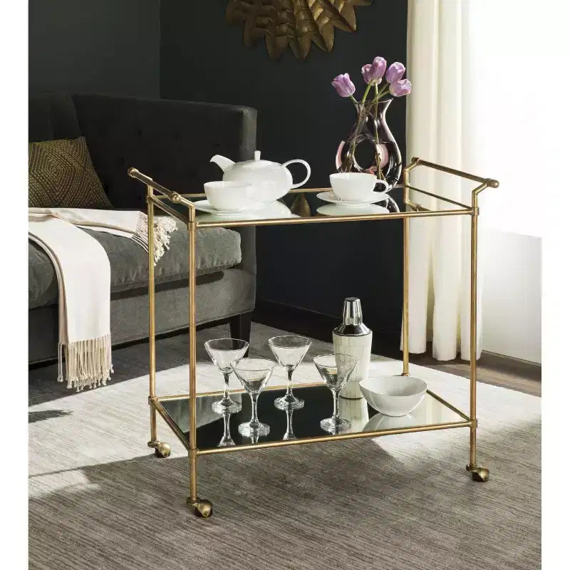 Gold & Mirror Bar Cart | 2-Tier Iron Frame with Wheels | 31"W