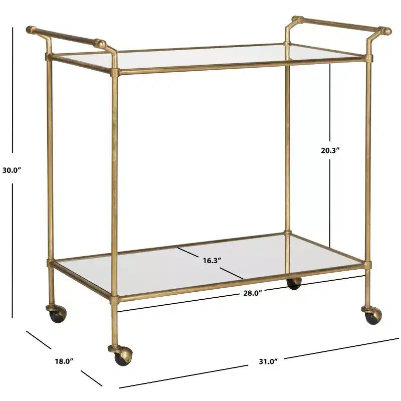 Gold & Mirror Bar Cart | 2-Tier Iron Frame with Wheels | 31"W