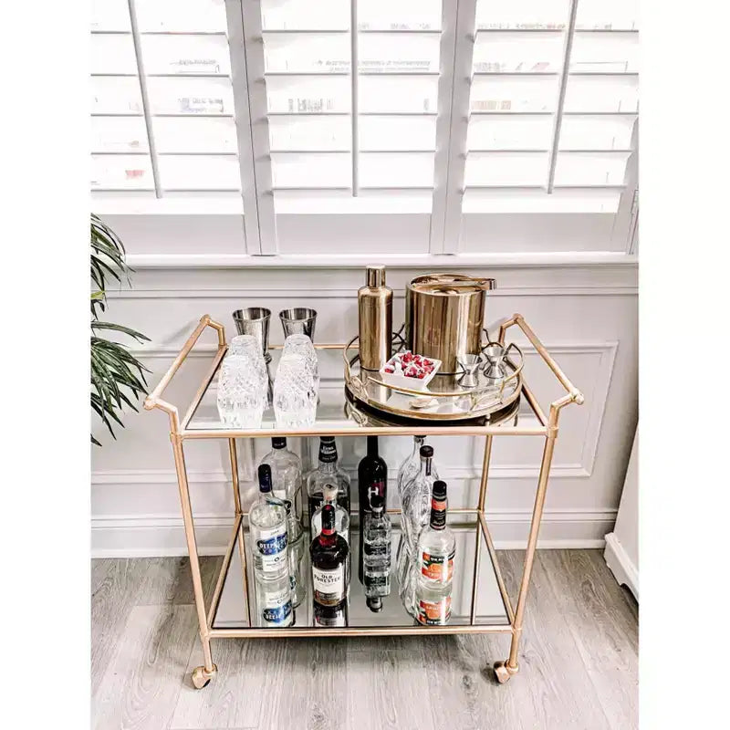Gold & Mirror Bar Cart | 2-Tier Iron Frame with Wheels | 31"W