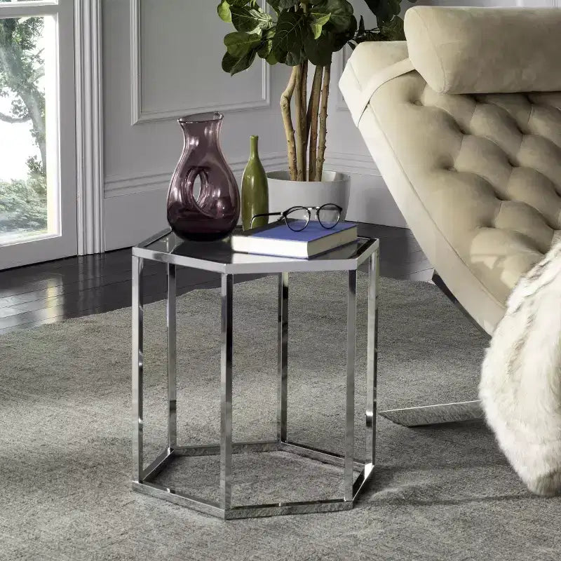 Hexagon Chrome & Glass End Table | 19.3"H | Contemporary | 15 lb Capacity
