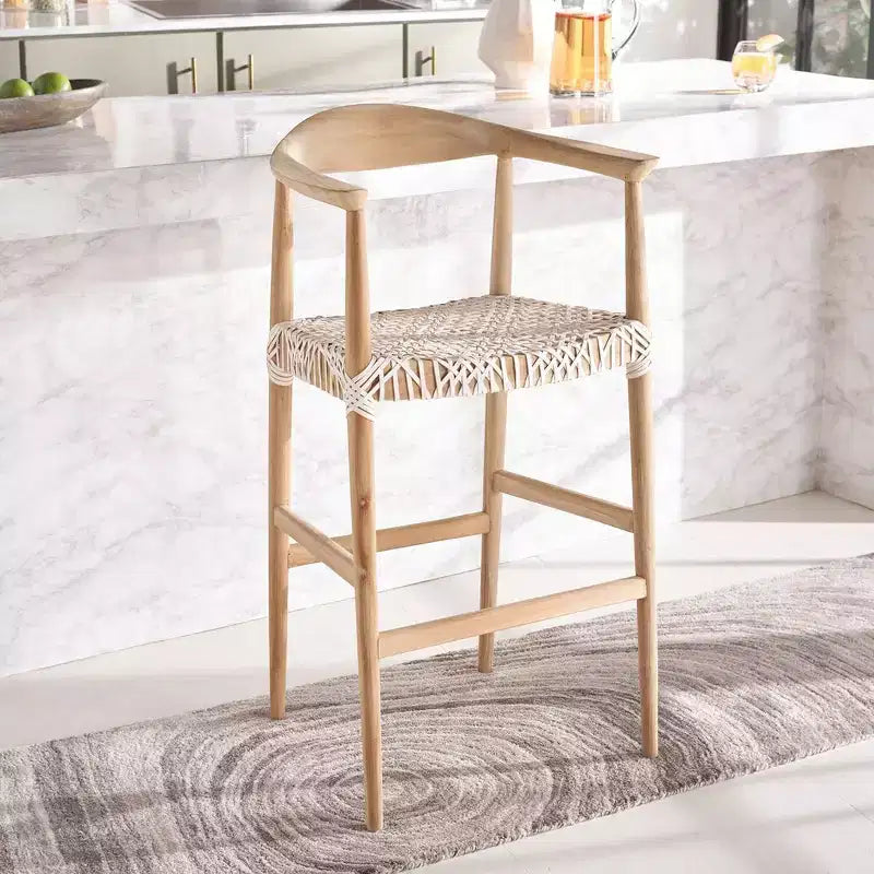 Teak & White Leather Barstool with Arms | 29" Seat Height | 275 lb Capacity