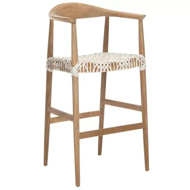 Teak & White Leather Barstool with Arms | 29" Seat Height | 275 lb Capacity