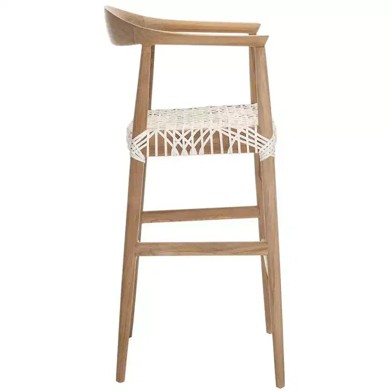 Teak & White Leather Barstool with Arms | 29" Seat Height | 275 lb Capacity