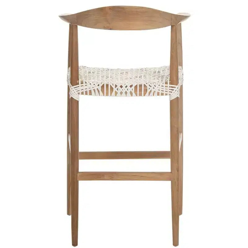 Teak & White Leather Barstool with Arms | 29" Seat Height | 275 lb Capacity
