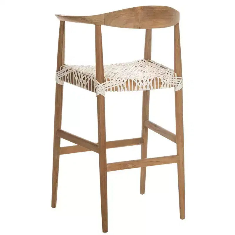 Teak & White Leather Barstool with Arms | 29" Seat Height | 275 lb Capacity