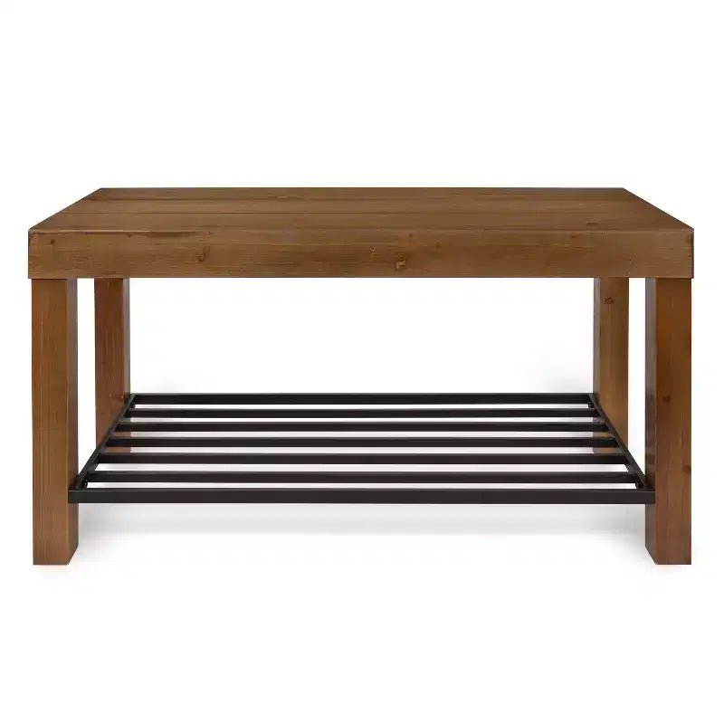 36" Rectangle Wood Entryway Bench | Rustic Brown | Iron Shelf Underneath