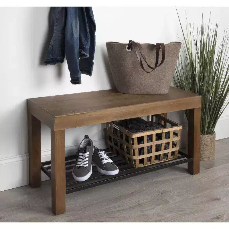 36" Rectangle Wood Entryway Bench | Rustic Brown | Iron Shelf Underneath