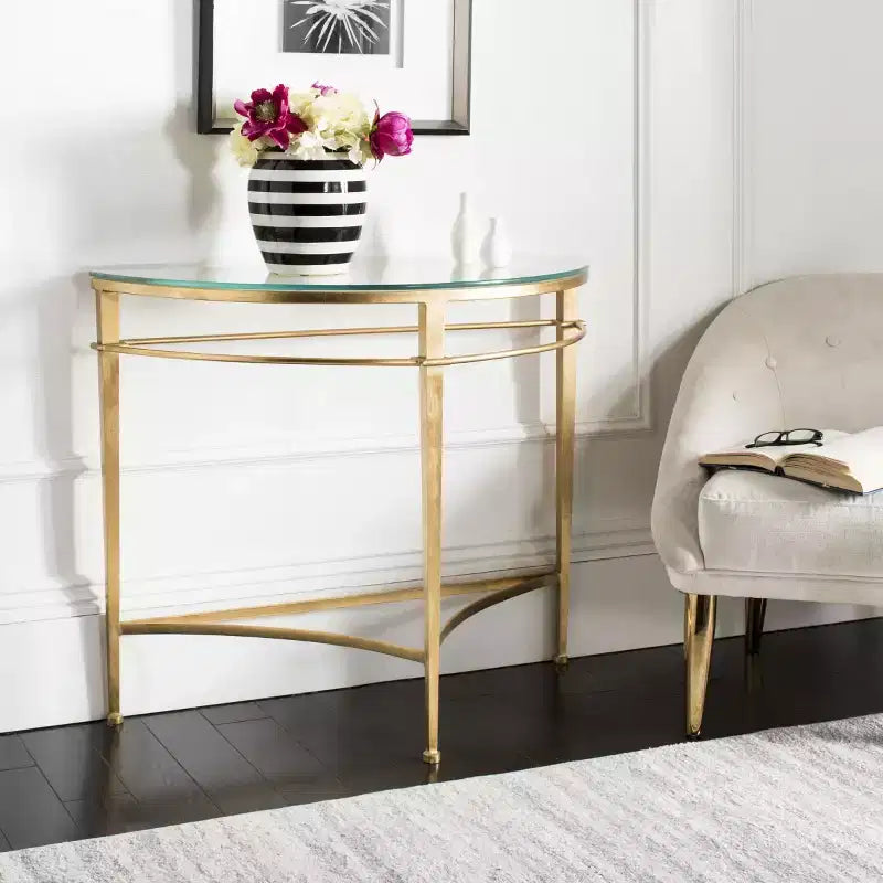 Glam Console Table | Gold Metal Hairpin Legs & Clear Glass Top | 35.9"W