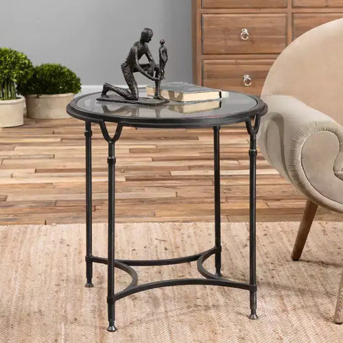 24.5" Round Steel Accent Side Table | Aged Black & Clear Tempered Glass Top