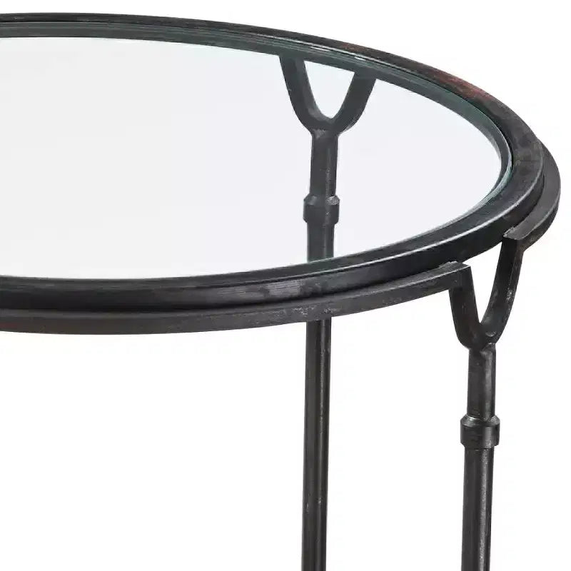 24.5" Round Steel Accent Side Table | Aged Black & Clear Tempered Glass Top