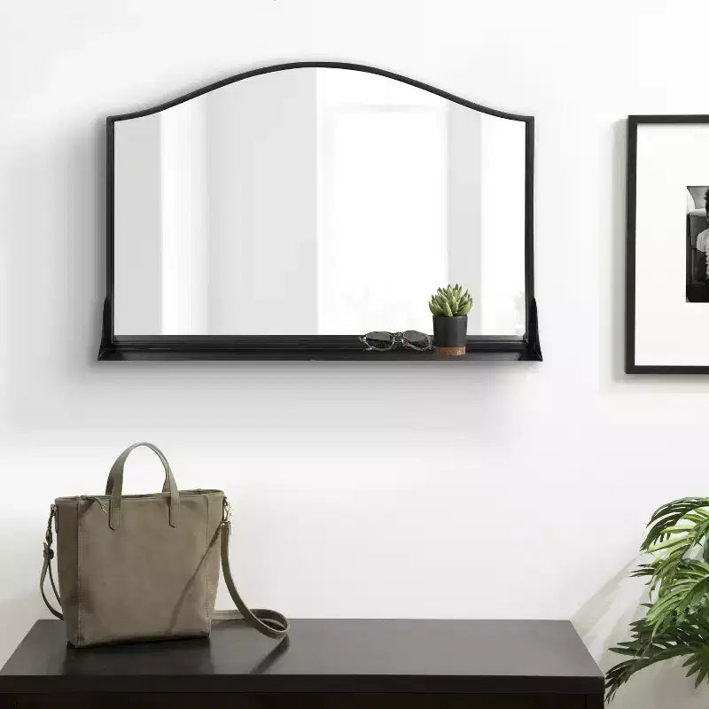 Scalloped Arch Wall Mirror with Display Shelf | Black Iron | 20"x30"