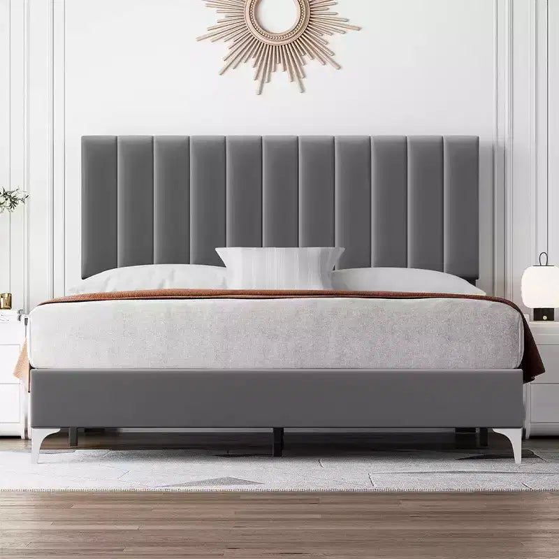 Modern Velvet Upholstered Bed Frame | 11" Tall | Adjustable Headboard | Gray