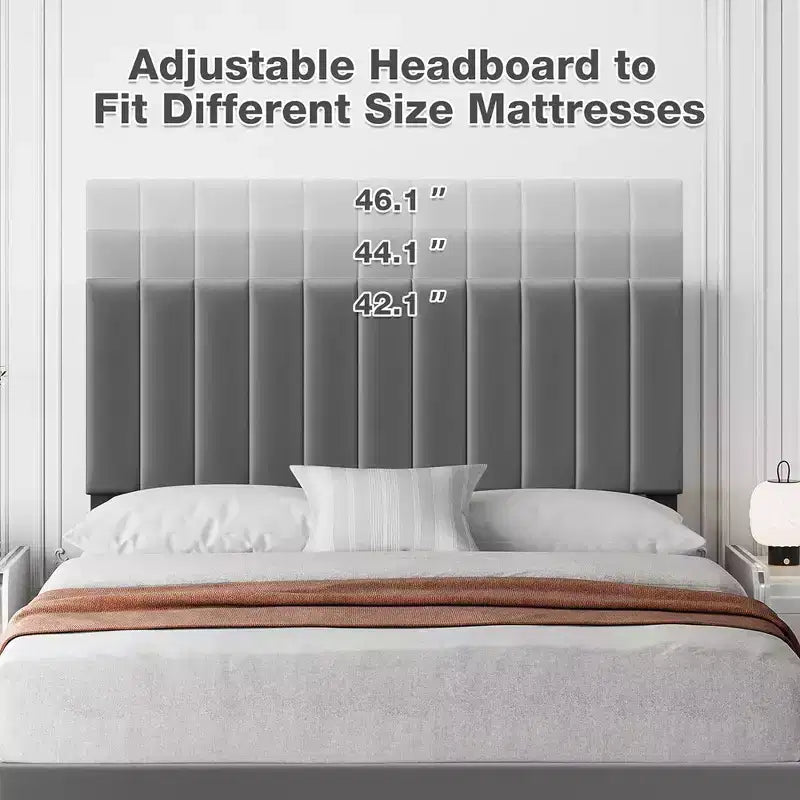 Modern Velvet Upholstered Bed Frame | 11" Tall | Adjustable Headboard | Gray