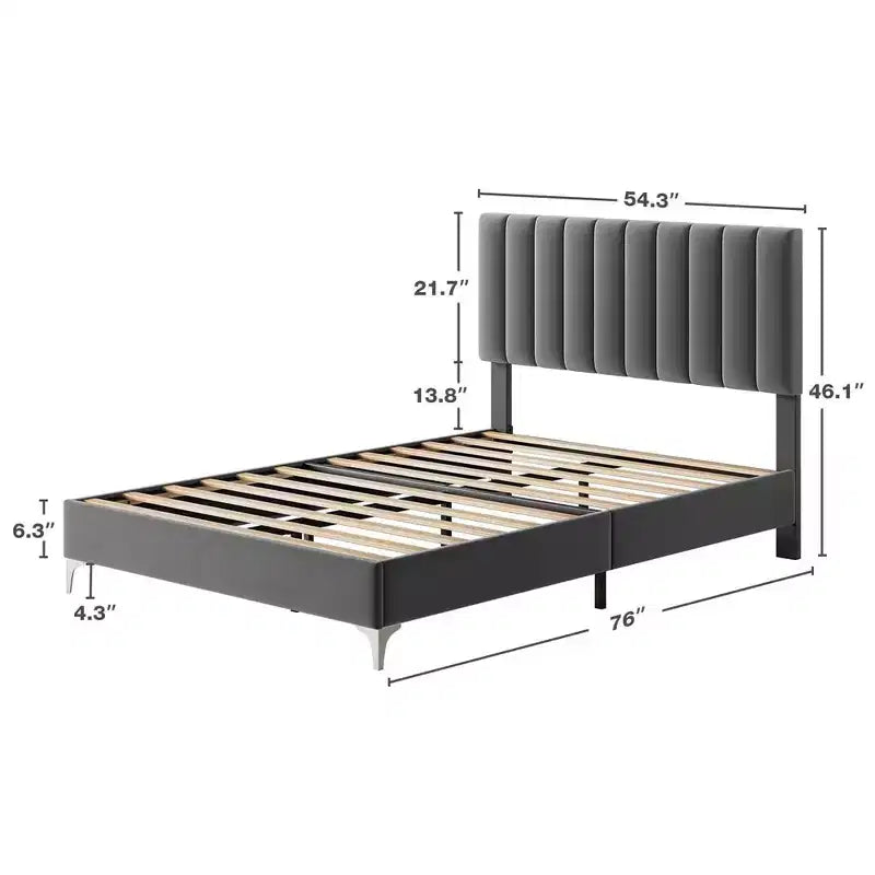 Modern Velvet Upholstered Bed Frame | 11" Tall | Adjustable Headboard | Gray