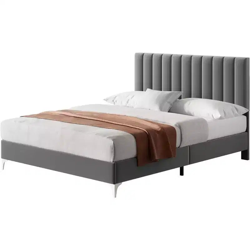 Modern Velvet Upholstered Bed Frame | 11" Tall | Adjustable Headboard | Gray