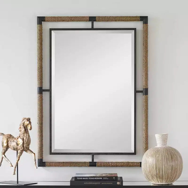 28" Rectangular Bathroom Wall Mirror | Beveled | Rust Black Rope & Iron Frame