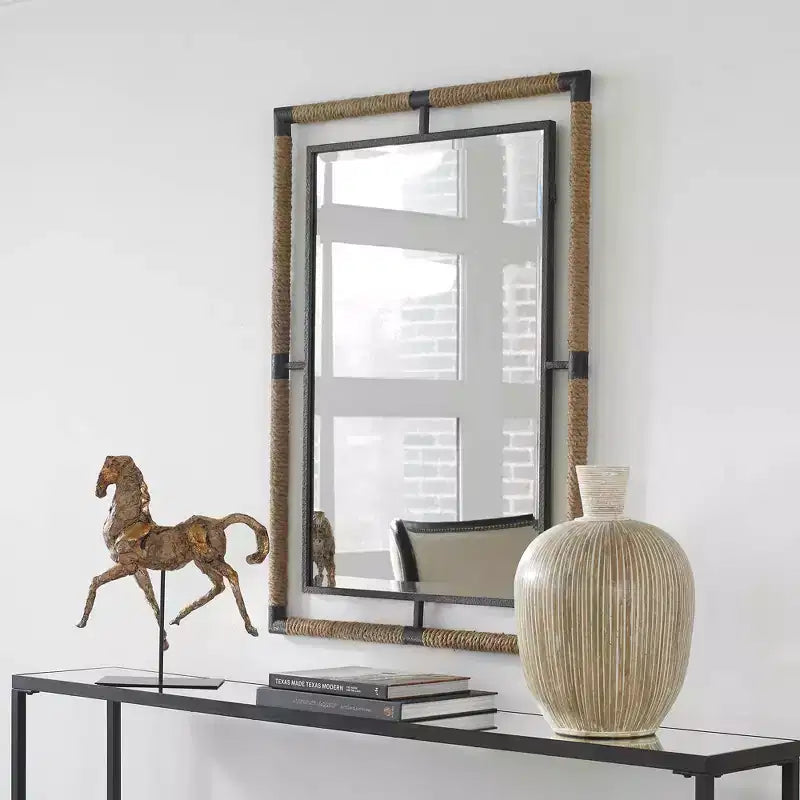 28" Rectangular Bathroom Wall Mirror | Beveled | Rust Black Rope & Iron Frame