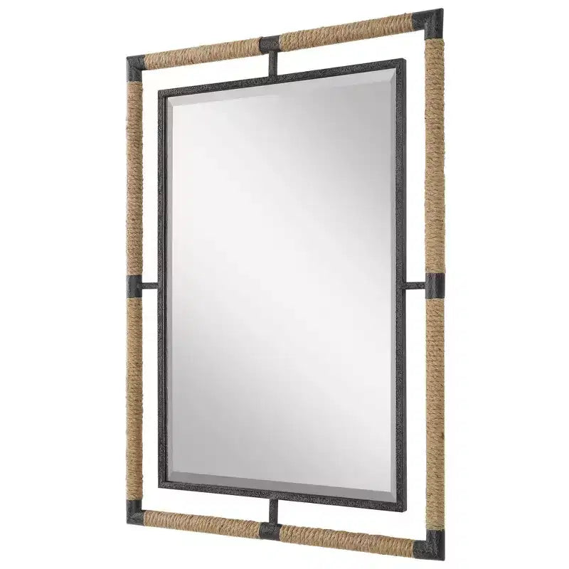 28" Rectangular Bathroom Wall Mirror | Beveled | Rust Black Rope & Iron Frame