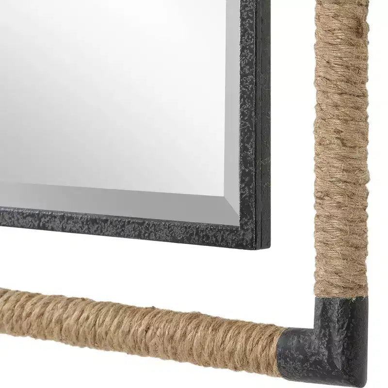 28" Rectangular Bathroom Wall Mirror | Beveled | Rust Black Rope & Iron Frame