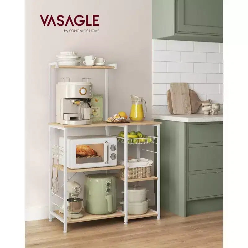 Baker's Rack Microwave Stand | 52.8"H | 4 Shelves, Wire Basket & 6 Hooks
