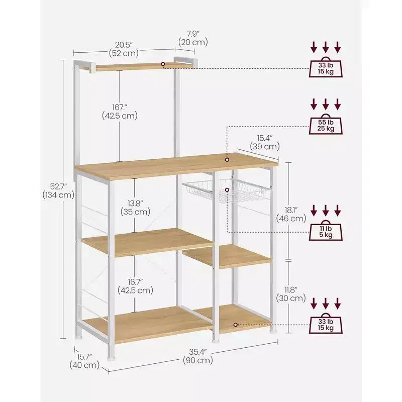 Baker's Rack Microwave Stand | 52.8"H | 4 Shelves, Wire Basket & 6 Hooks