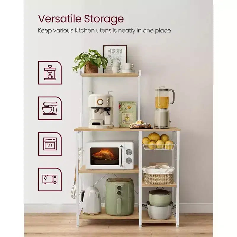 Baker's Rack Microwave Stand | 52.8"H | 4 Shelves, Wire Basket & 6 Hooks