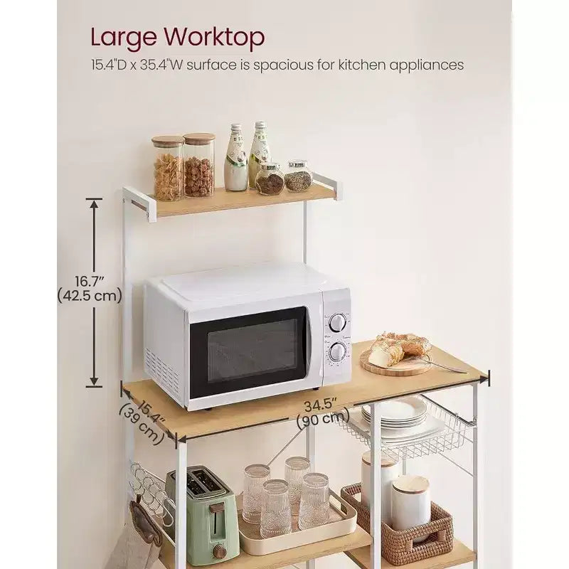 Baker's Rack Microwave Stand | 52.8"H | 4 Shelves, Wire Basket & 6 Hooks