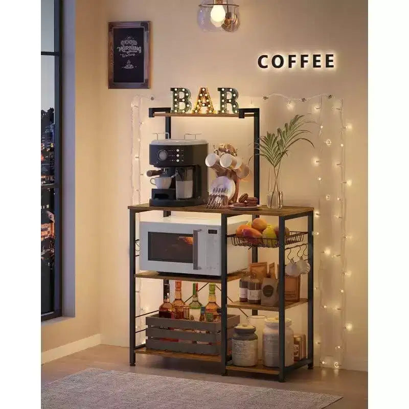 Baker's Rack Microwave Stand | 52.8"H | 4 Shelves, Wire Basket & 6 Hooks