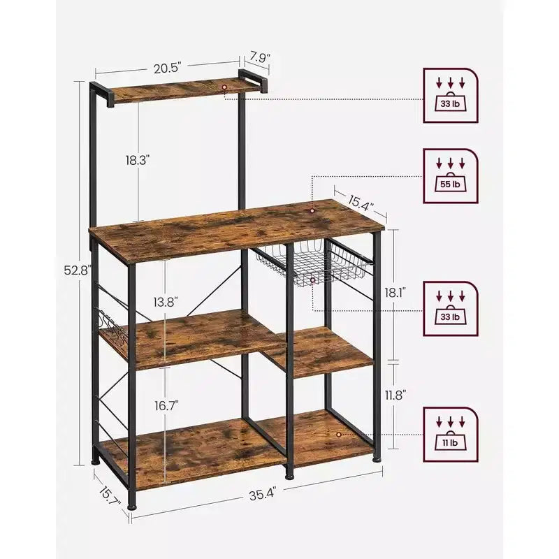 Baker's Rack Microwave Stand | 52.8"H | 4 Shelves, Wire Basket & 6 Hooks