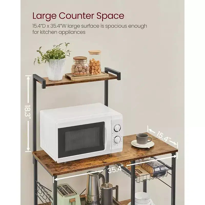 Baker's Rack Microwave Stand | 52.8"H | 4 Shelves, Wire Basket & 6 Hooks