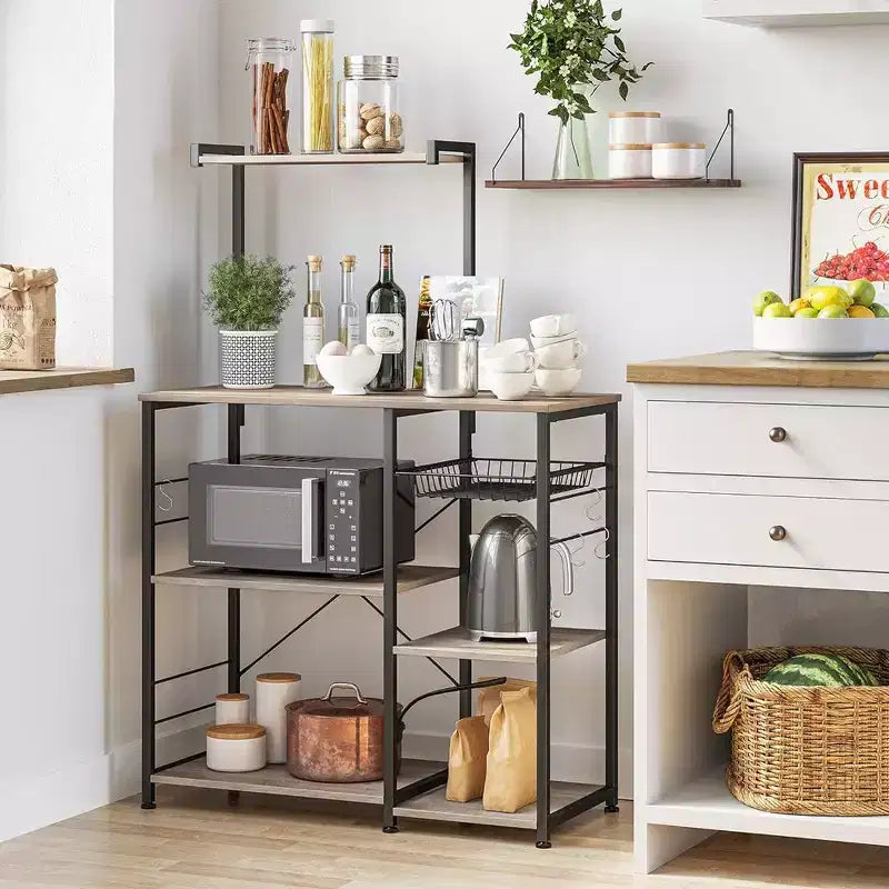 Baker's Rack Microwave Stand | 52.8"H | 4 Shelves, Wire Basket & 6 Hooks