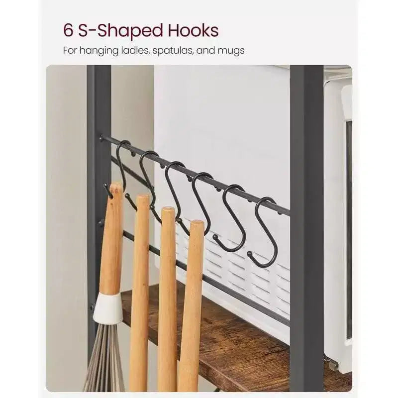Baker's Rack Microwave Stand | 52.8"H | 4 Shelves, Wire Basket & 6 Hooks