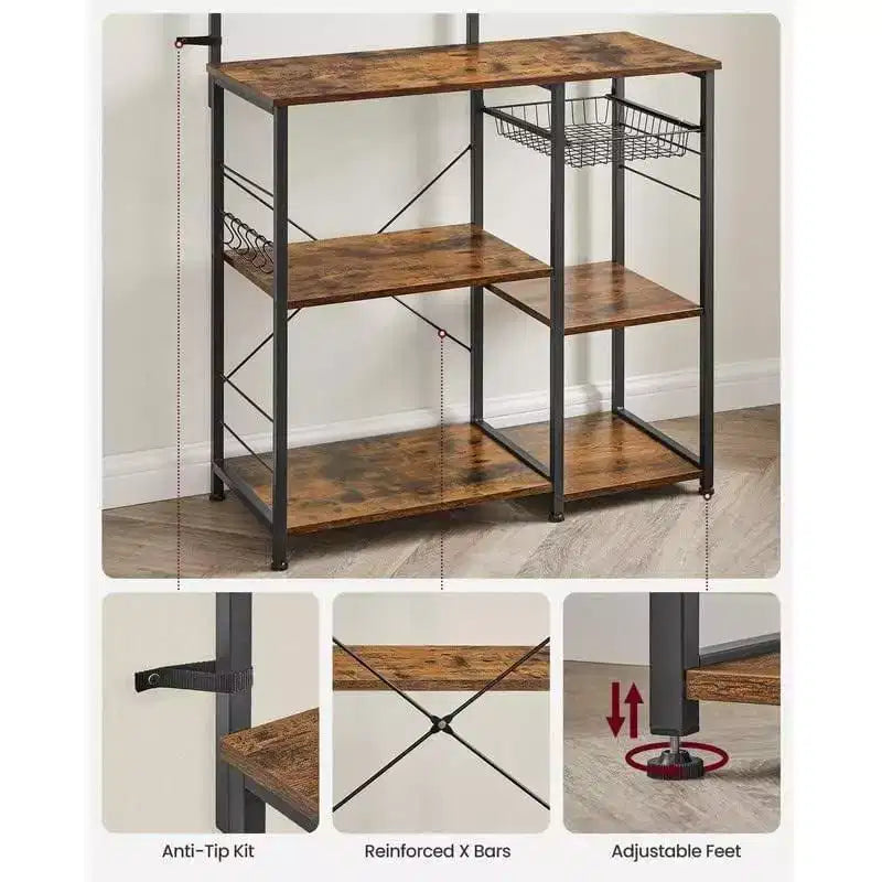 Baker's Rack Microwave Stand | 52.8"H | 4 Shelves, Wire Basket & 6 Hooks