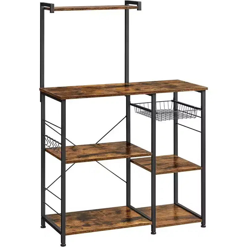 Baker's Rack Microwave Stand | 52.8"H | 4 Shelves, Wire Basket & 6 Hooks