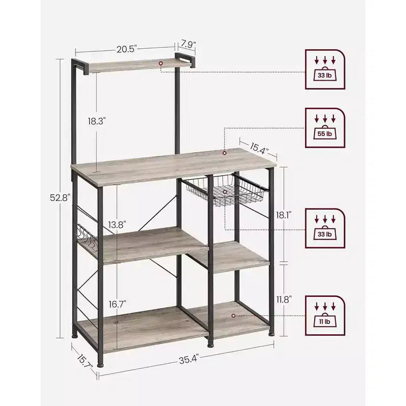 Baker's Rack Microwave Stand | 52.8"H | 4 Shelves, Wire Basket & 6 Hooks