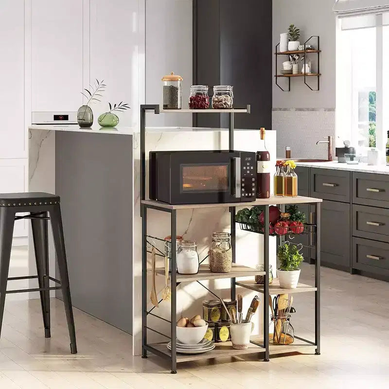 Baker's Rack Microwave Stand | 52.8"H | 4 Shelves, Wire Basket & 6 Hooks