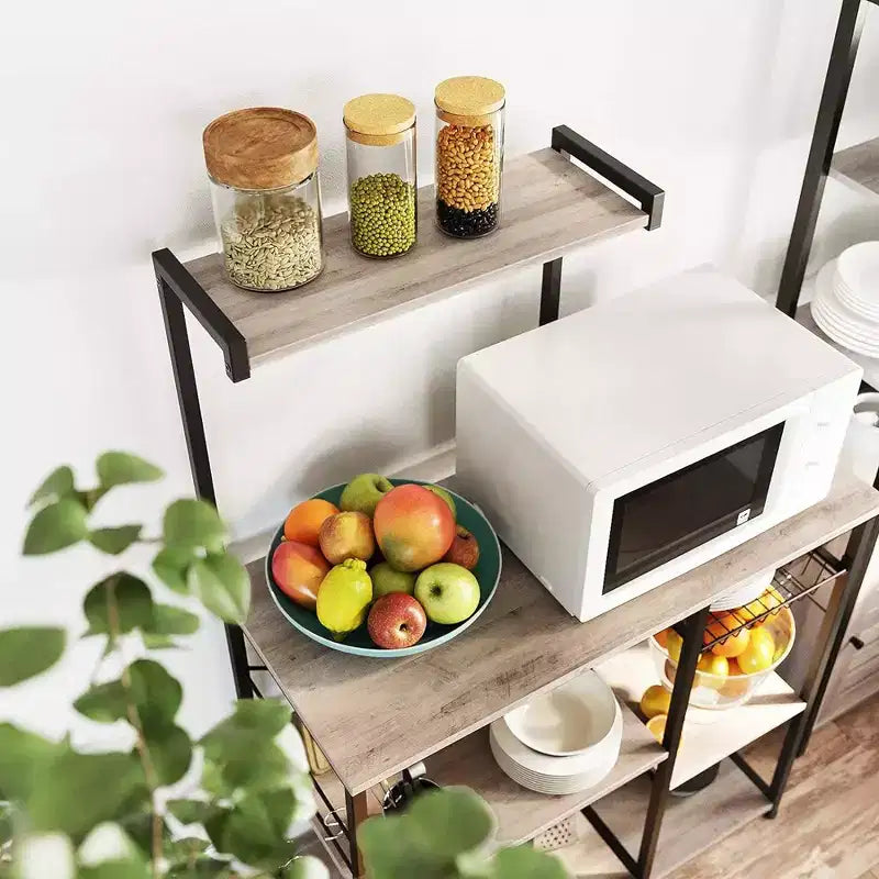 Baker's Rack Microwave Stand | 52.8"H | 4 Shelves, Wire Basket & 6 Hooks