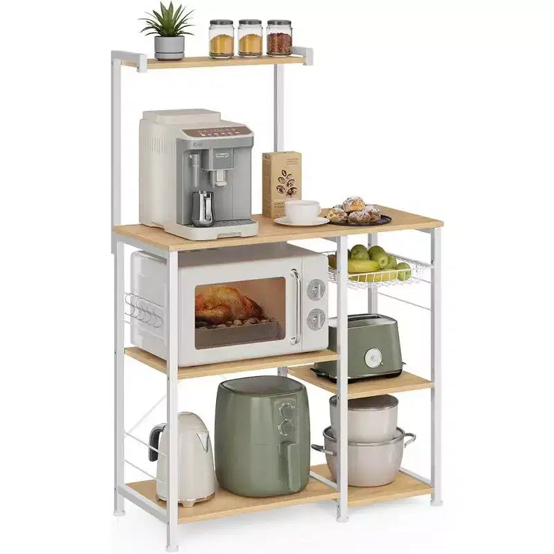 Baker's Rack Microwave Stand | 52.8"H | 4 Shelves, Wire Basket & 6 Hooks