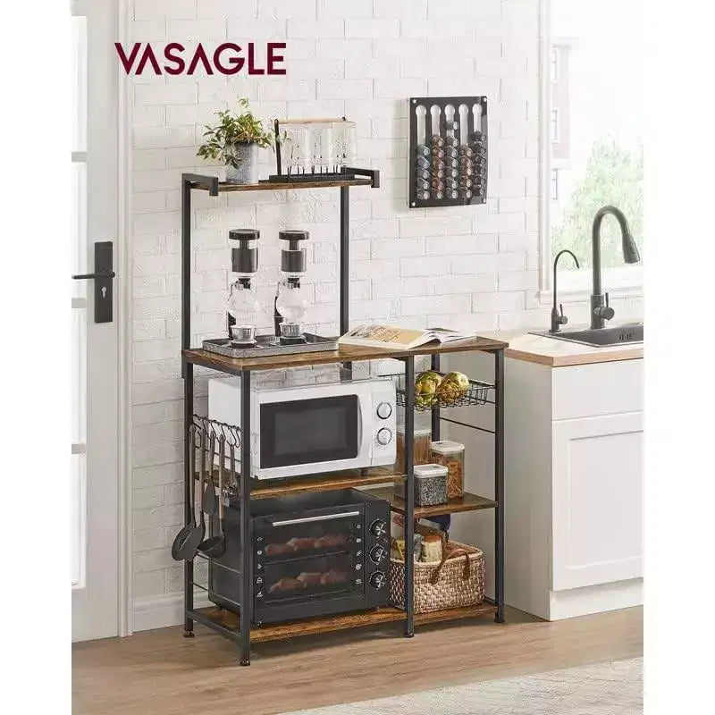 Baker's Rack Microwave Stand | 52.8"H | 4 Shelves, Wire Basket & 6 Hooks