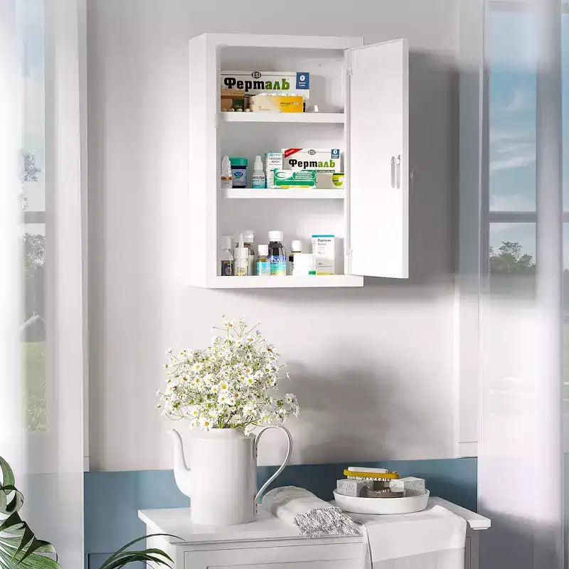 Lockable Medicine Cabinet | 12"x18" | Steel Wall Mount | 2 Shelves | White
