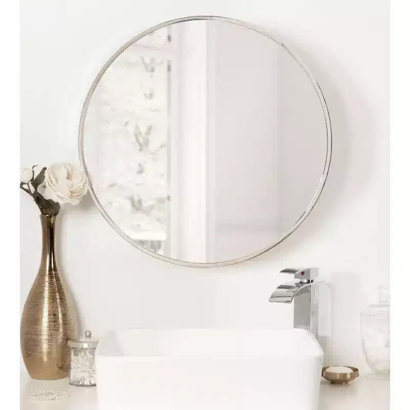 24" Round Iron Wall Mirror | Stainless Steel Finish | Modern Decor