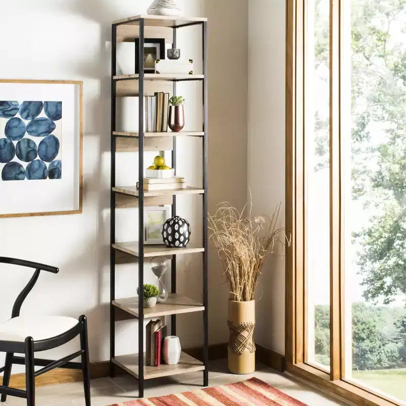 Lisa 7-Shelf Etagere | Oak Veneer & Black Iron | 78.8" Tall