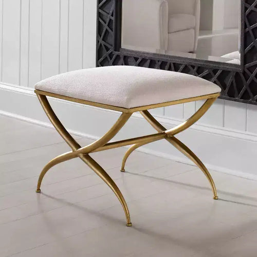 23.5" Wide White Fabric Small Bench with Gold Iron Frame