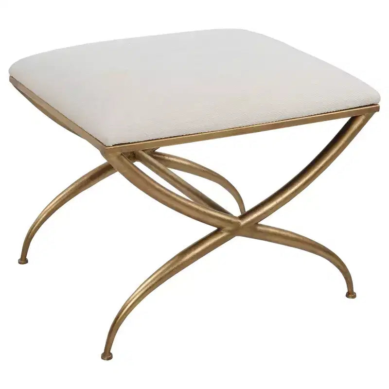 23.5" Wide White Fabric Small Bench with Gold Iron Frame