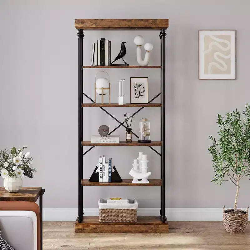 Industrial 6-Tier Bookshelf | 73.6"H | Wood & Metal Frame | Vintage Style