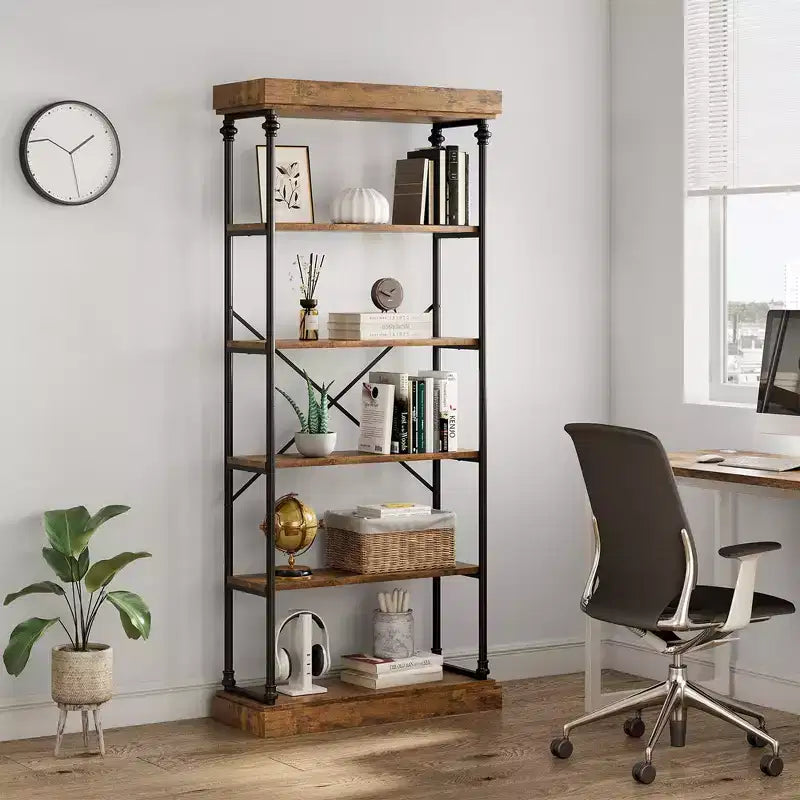 Industrial 6-Tier Bookshelf | 73.6"H | Wood & Metal Frame | Vintage Style