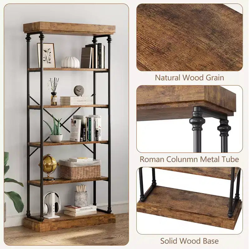 Industrial 6-Tier Bookshelf | 73.6"H | Wood & Metal Frame | Vintage Style